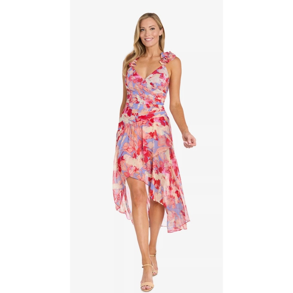 R & M Floral High-Low Midi Dress Women Pink Ruffle Surplice 8P Petites NWT